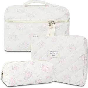 3Pcs Cotton Quilted Makeup Bag Large Travel Cosmetic Bag Coquette Makeup Pouch Cute Aesthetic Floral Toiletry Bag for Women Girls (flower-S)