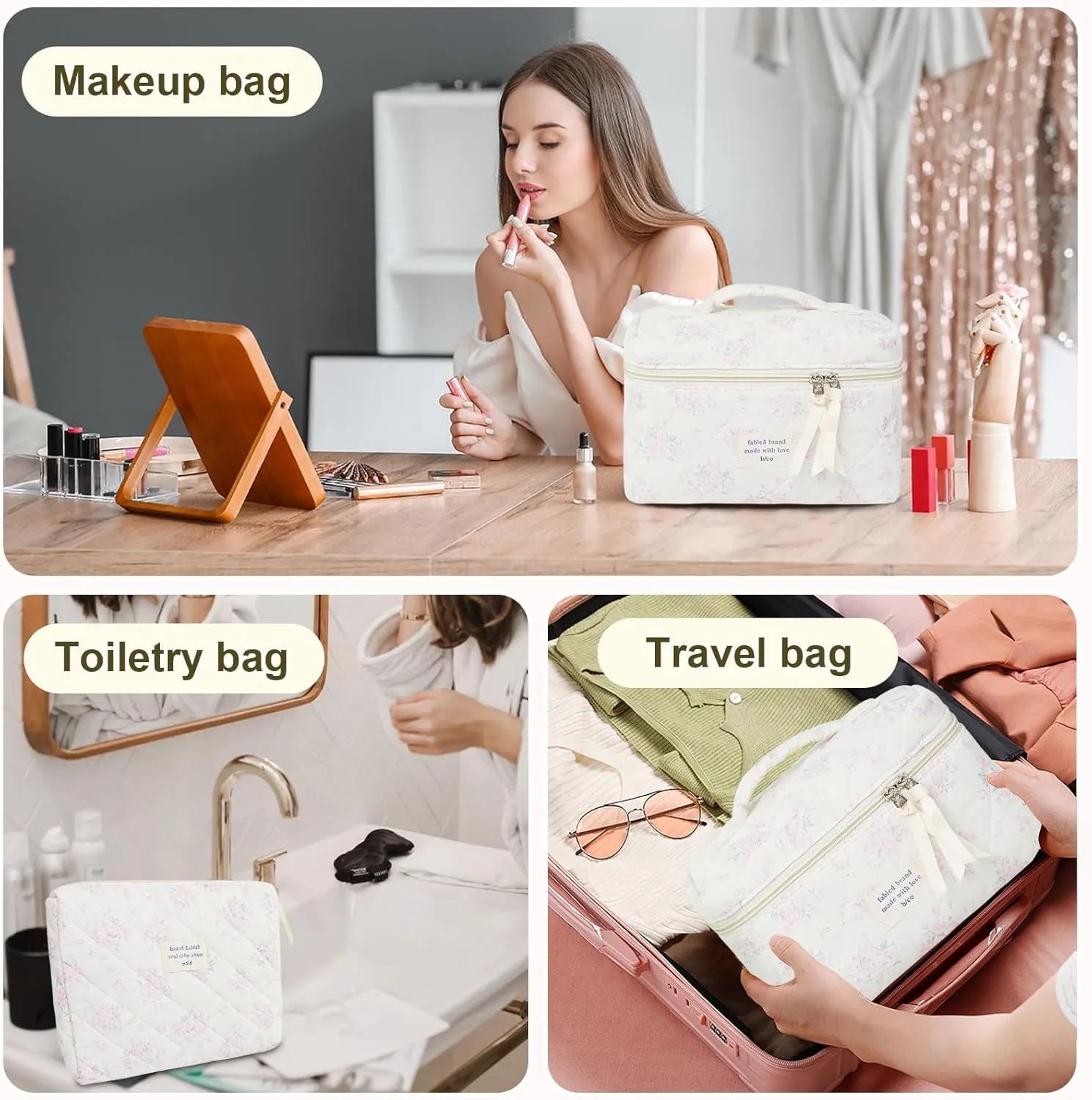 3Pcs Cotton Quilted Makeup Bag Large Travel Cosmetic Bag Coquette Makeup Pouch Cute Aesthetic Floral Toiletry Bag for Women Girls (flower-S)