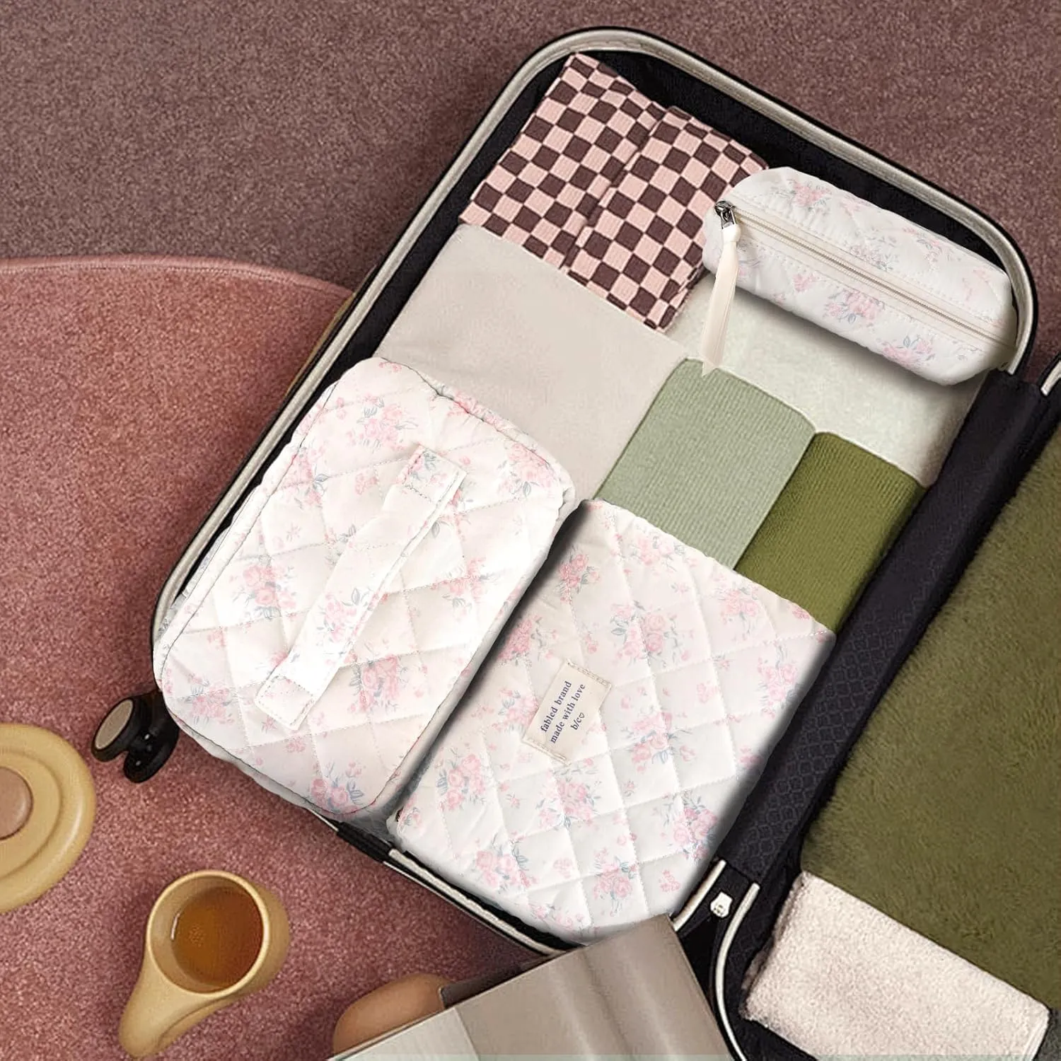 3Pcs Cotton Quilted Makeup Bag Large Travel Cosmetic Bag Coquette Makeup Pouch Cute Aesthetic Floral Toiletry Bag for Women Girls (flower-S)