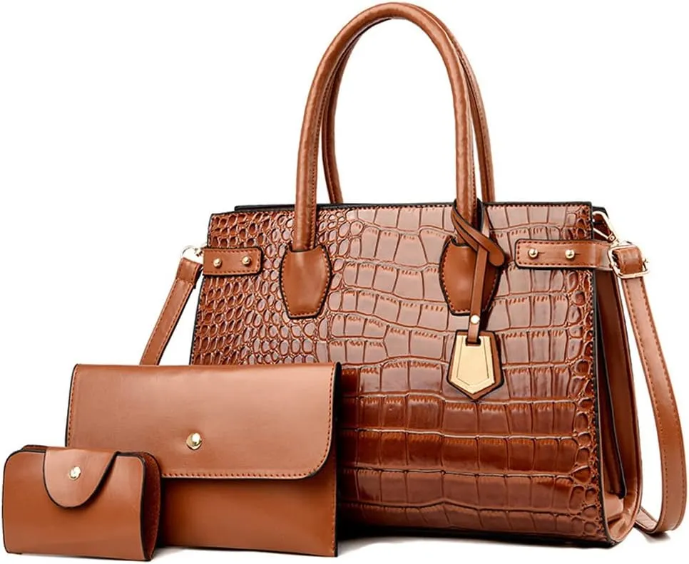 3Pcs Handbags Set for Women Classic Crocodile Pattern Faux Leather Purses Tote Bags Top Handle Handbag Wallet Clutch