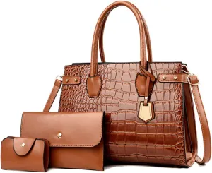 3Pcs Handbags Set for Women Classic Crocodile Pattern Faux Leather Purses Tote Bags Top Handle Handbag Wallet Clutch