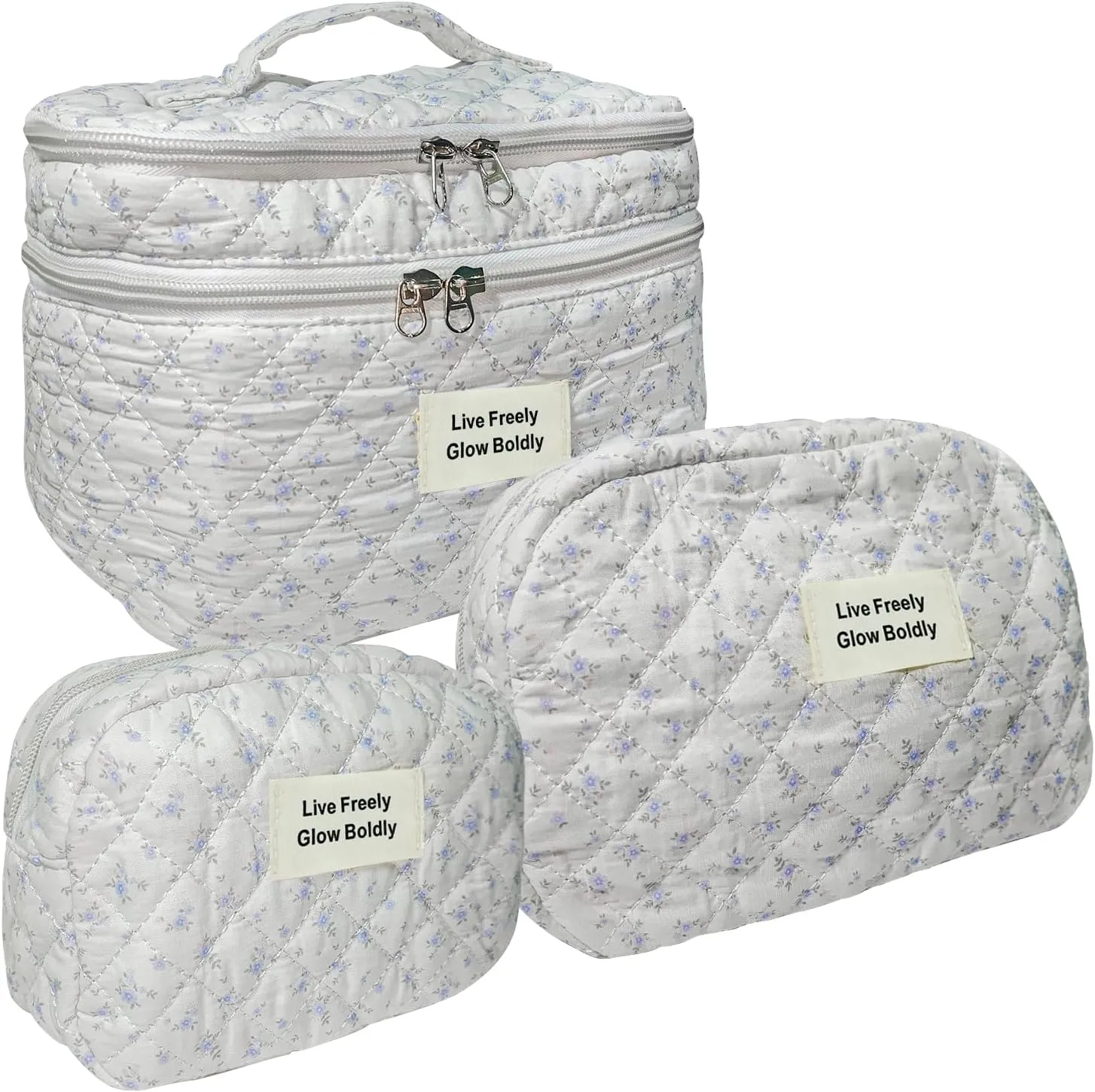 3Pcs Large Travel Quilted Makeup Bag, Double Layer Cute Floral Cotton Toiletry Bag, Aesthetic Flower Cosmetic Bag Coquette Skincare Organizer Bag for Women (Bluefloral)