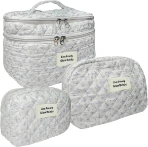 3Pcs Large Travel Quilted Makeup Bag, Double Layer Cute Floral Cotton Toiletry Bag, Aesthetic Flower Cosmetic Bag Coquette Skincare Organizer Bag for Women (Bluefloral)