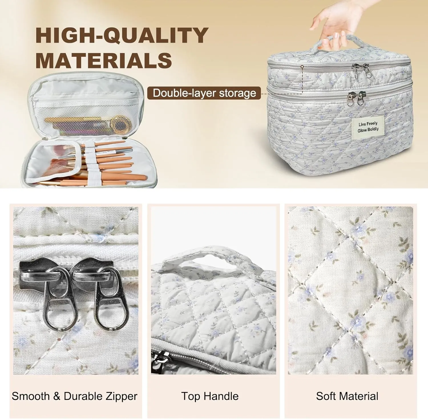 3Pcs Large Travel Quilted Makeup Bag, Double Layer Cute Floral Cotton Toiletry Bag, Aesthetic Flower Cosmetic Bag Coquette Skincare Organizer Bag for Women (Bluefloral)