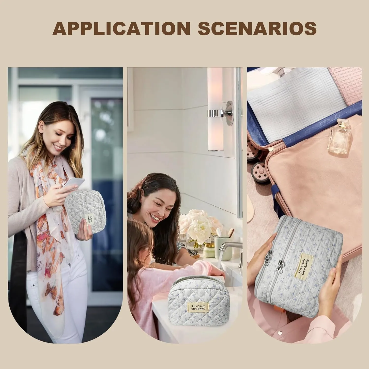 3Pcs Large Travel Quilted Makeup Bag, Double Layer Cute Floral Cotton Toiletry Bag, Aesthetic Flower Cosmetic Bag Coquette Skincare Organizer Bag for Women (Bluefloral)