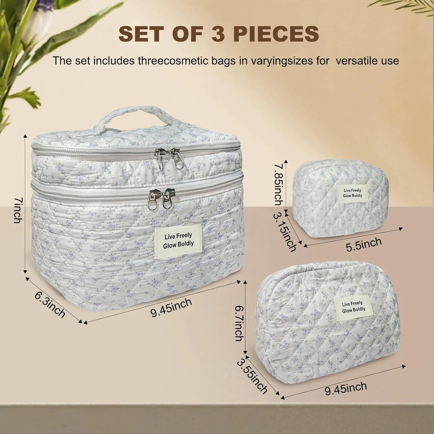 3Pcs Large Travel Quilted Makeup Bag, Double Layer Cute Floral Cotton Toiletry Bag, Aesthetic Flower Cosmetic Bag Coquette Skincare Organizer Bag for Women (Bluefloral)