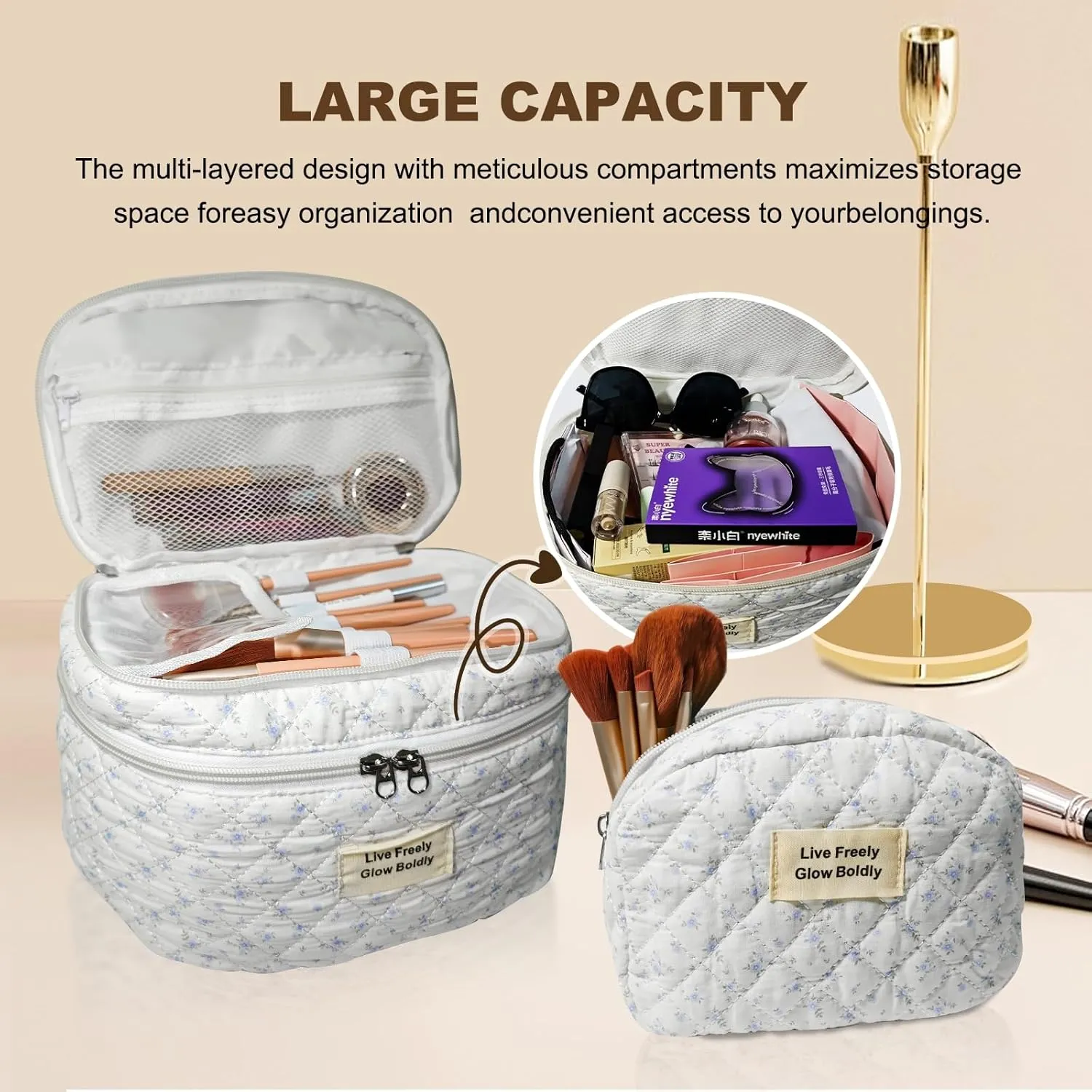 3Pcs Large Travel Quilted Makeup Bag, Double Layer Cute Floral Cotton Toiletry Bag, Aesthetic Flower Cosmetic Bag Coquette Skincare Organizer Bag for Women (Bluefloral)