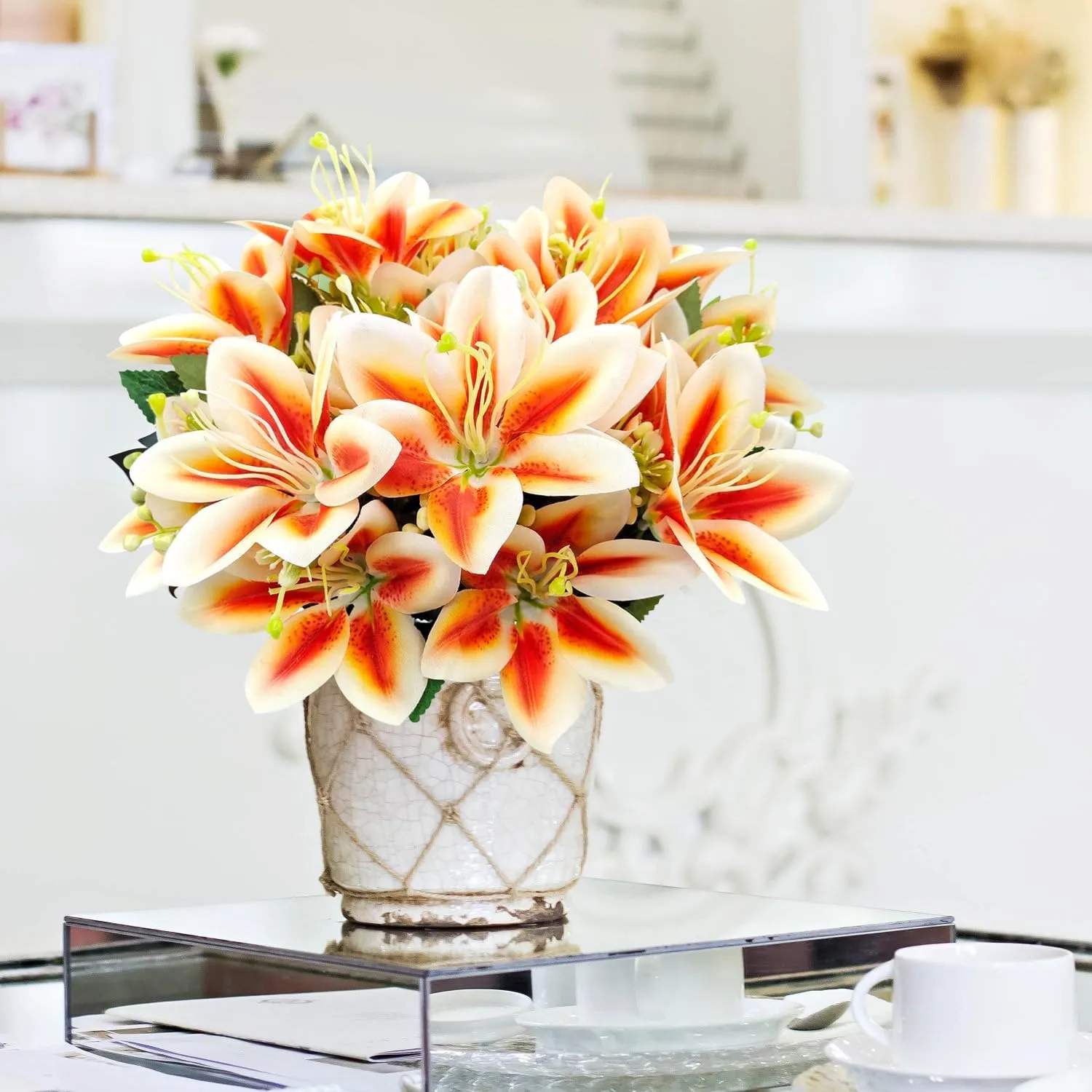 4 Bundles Artificial Tiger Lily Silk Flowers Faux Fake Lilies Plants for Wedding Bouquet Home Party Indoor Table Hotel Office Vases Floral Arrangements Outdoor Garden Decor (Orange)
