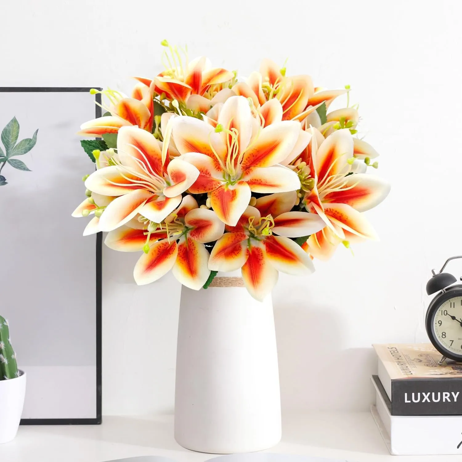 4 Bundles Artificial Tiger Lily Silk Flowers Faux Fake Lilies Plants for Wedding Bouquet Home Party Indoor Table Hotel Office Vases Floral Arrangements Outdoor Garden Decor (Orange)