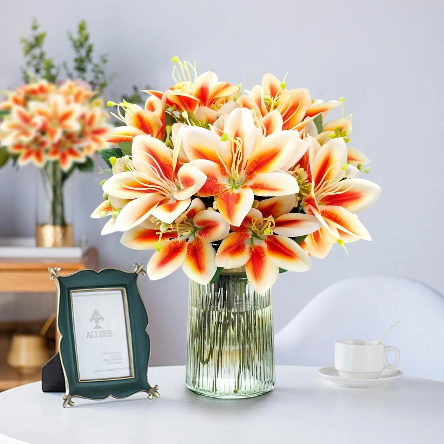 4 Bundles Artificial Tiger Lily Silk Flowers Faux Fake Lilies Plants for Wedding Bouquet Home Party Indoor Table Hotel Office Vases Floral Arrangements Outdoor Garden Decor (Orange)