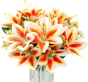 4 Bundles Artificial Tiger Lily Silk Flowers Faux Fake Lilies Plants for Wedding Bouquet Home Party Indoor Table Hotel Office Vases Floral Arrangements Outdoor Garden Decor (Orange)