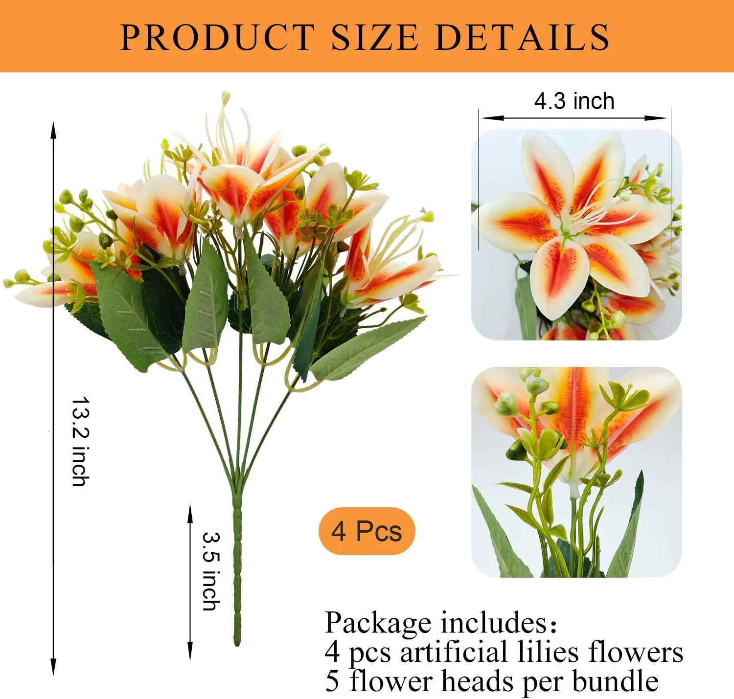 4 Bundles Artificial Tiger Lily Silk Flowers Faux Fake Lilies Plants for Wedding Bouquet Home Party Indoor Table Hotel Office Vases Floral Arrangements Outdoor Garden Decor (Orange)