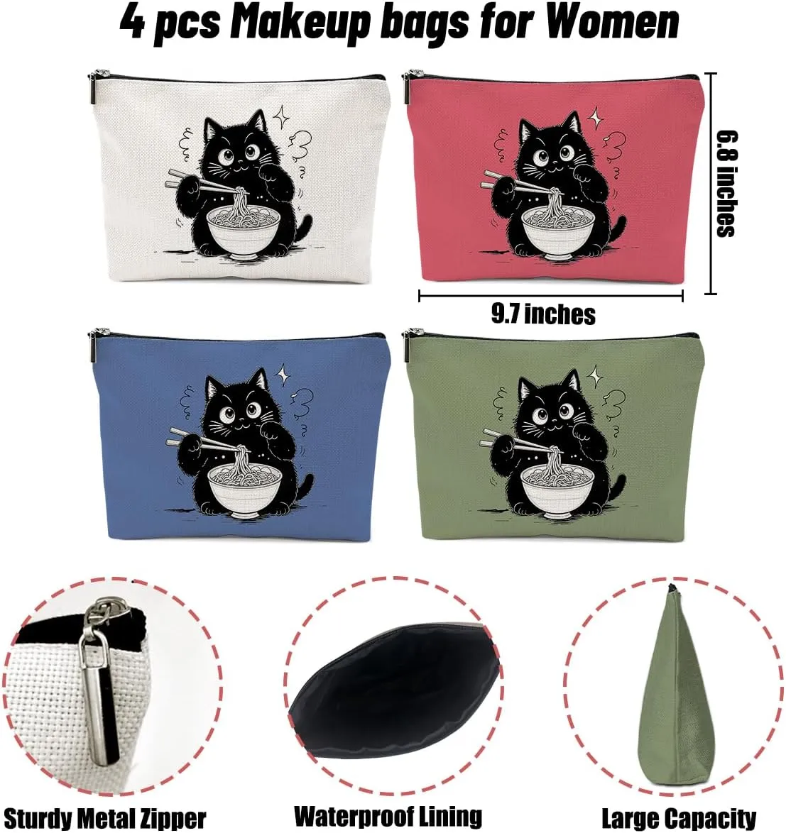 4 Pack Funny Noodles Gifts for Cat Lovers Cat Gifts for Women Girls Nurse Bestie Mother Makeup Bag,Travel Essentials Cosmetic Bags for Women, Travel Toiletry Bag Mothers Day Birthday Graduation