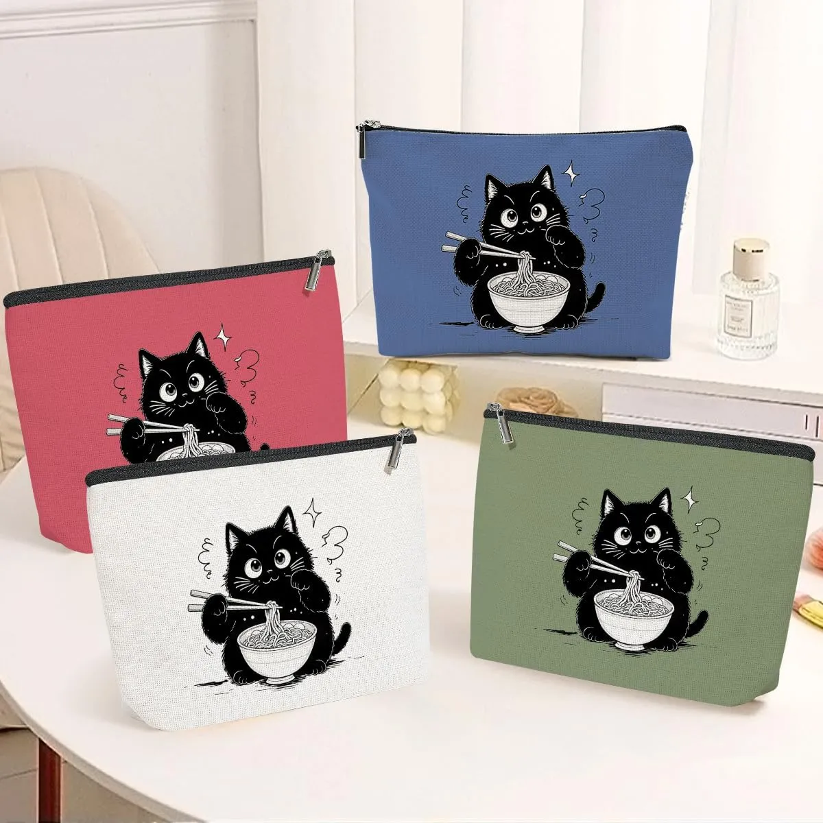 4 Pack Funny Noodles Gifts for Cat Lovers Cat Gifts for Women Girls Nurse Bestie Mother Makeup Bag,Travel Essentials Cosmetic Bags for Women, Travel Toiletry Bag Mothers Day Birthday Graduation