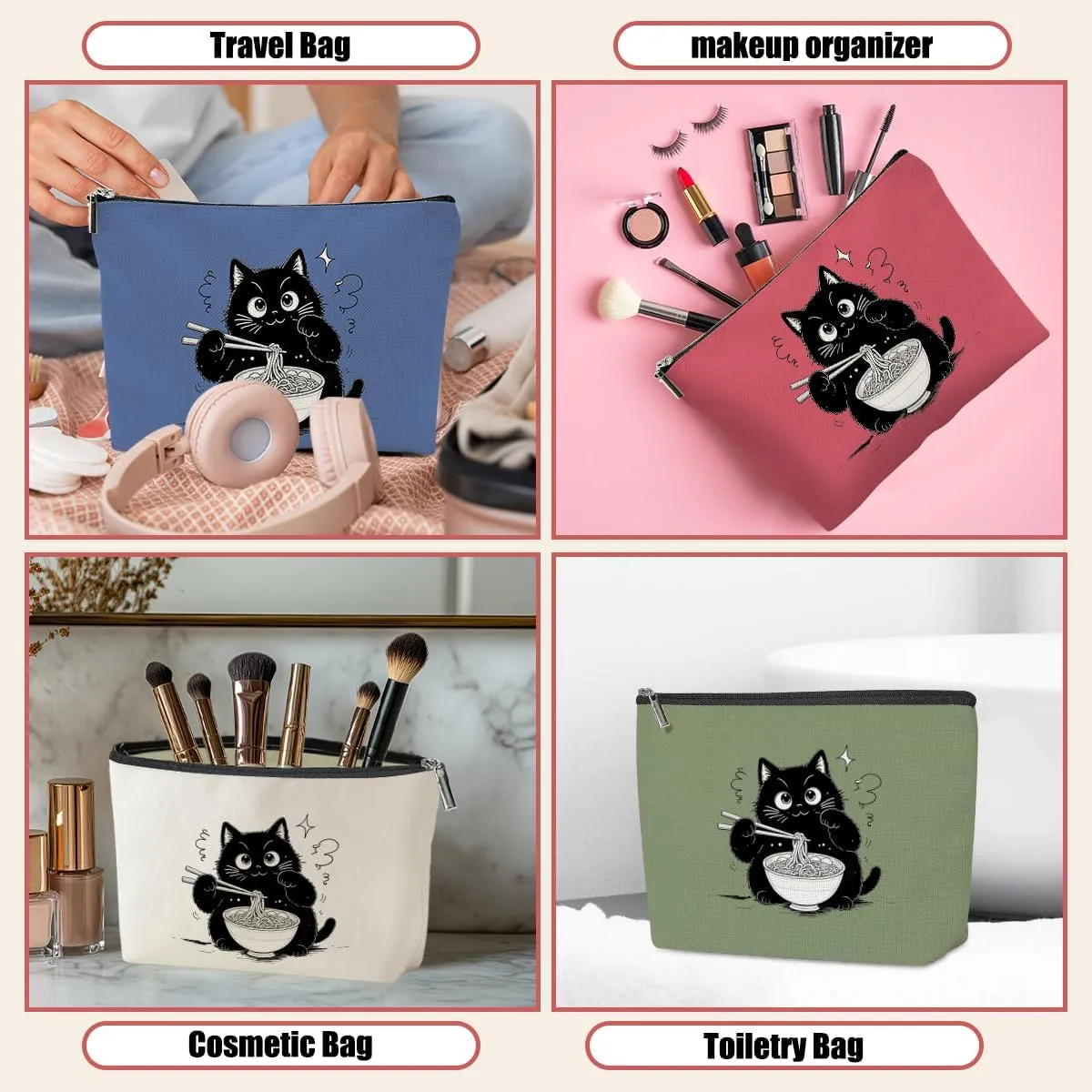4 Pack Funny Noodles Gifts for Cat Lovers Cat Gifts for Women Girls Nurse Bestie Mother Makeup Bag,Travel Essentials Cosmetic Bags for Women, Travel Toiletry Bag Mothers Day Birthday Graduation