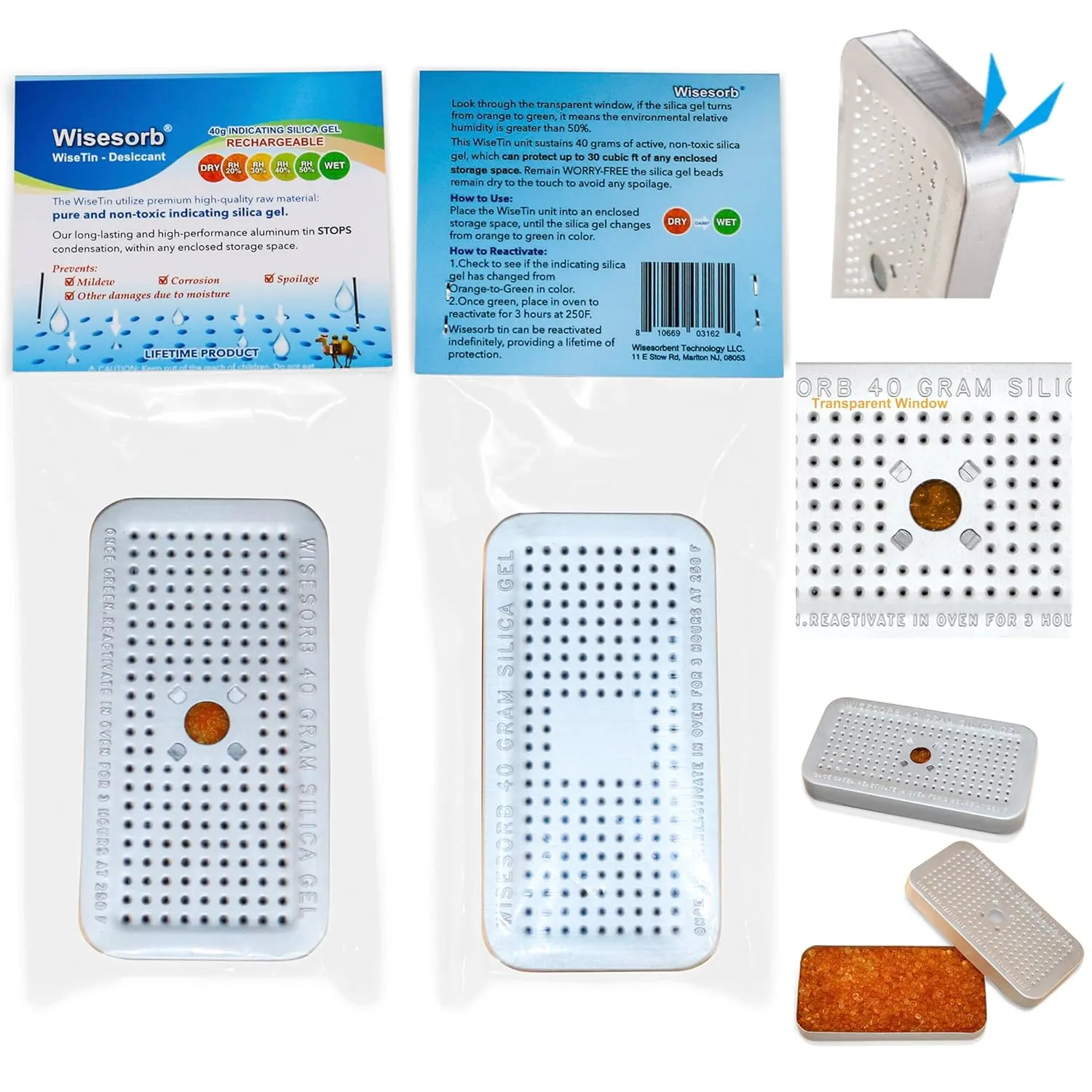 40 Gram Pack of 5 Silica Gel Canister, Gun Safe Dehumidifiers (Orange to Green), Reusable Desiccant Moisture Absorber for Car, Closet