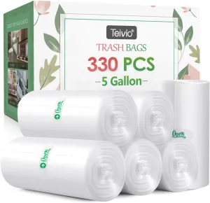 5 Gallon 330 Counts Strong Trash Bags Garbage Bags by Teivio, Bathroom Trash Can Bin Liners, Plastic Bags for home office kitchen, Clear