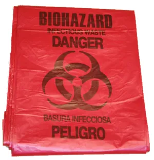 5 gallon Red Biohazard Bags - Red Trash Liner With Hazard Symbol For Infectious Waste - Disposable Hazardous Trash Can Liners for Hospitals, Doctors, Labs, Vets, and more. First Voice (Pack of 10)