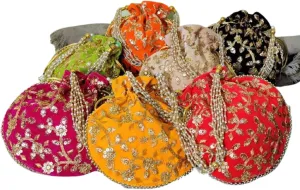 5 Pieces India Gift Hub Indian Handmade Women's Velvet Embroidered Potli Purse Bag Pouch Drawstring Bag