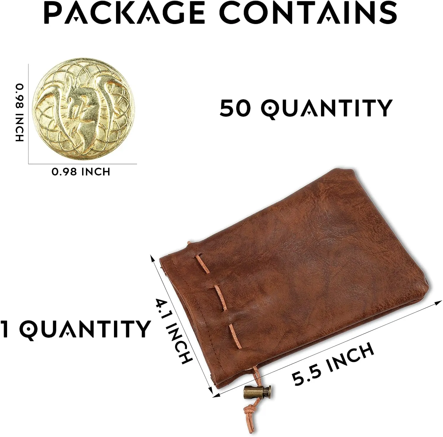50 PCS Gold Coins & PU Leather Bag, DND Metal Coins, Fantasy Coins Treasure for Board Games, Fake Coins As Game Tokens for Dungeons & Dragons, Tabletop TTRPG Games Medieval Retro Accessories Addons