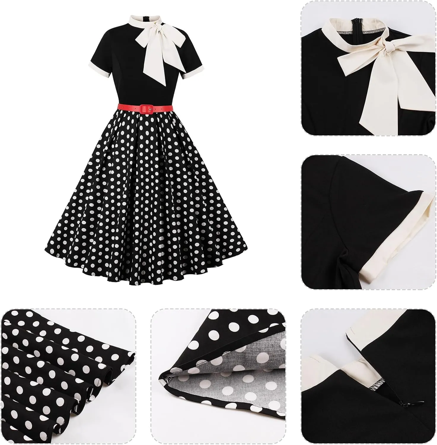 50s Style Dresses for Women Vintage Short Sleeve Tie Neck Swing Dress Midi Prom Dress with Belt