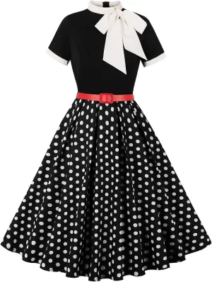 50s Style Dresses for Women Vintage Short Sleeve Tie Neck Swing Dress Midi Prom Dress with Belt