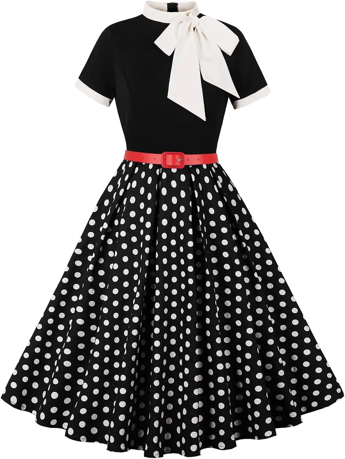 50s Style Dresses for Women Vintage Short Sleeve Tie Neck Swing Dress Midi Prom Dress with Belt