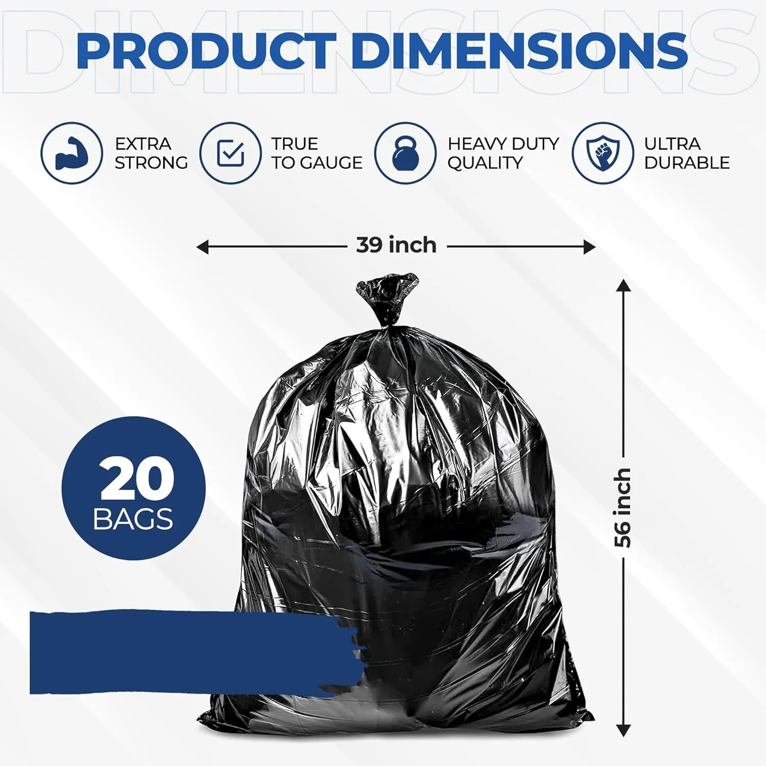 55 Gallon Large Trash Bags [39” X 56” – 20 Micron] 20 Black Contractor Garbage Bags | Heavy Duty Lawn Leaf Yard Waste Bags | 55-60 Gallon Extra Large Construction Industrial Plastic Trash Can Liners