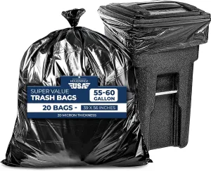 55 Gallon Large Trash Bags [39” X 56” – 20 Micron] 20 Black Contractor Garbage Bags | Heavy Duty Lawn Leaf Yard Waste Bags | 55-60 Gallon Extra Large Construction Industrial Plastic Trash Can Liners