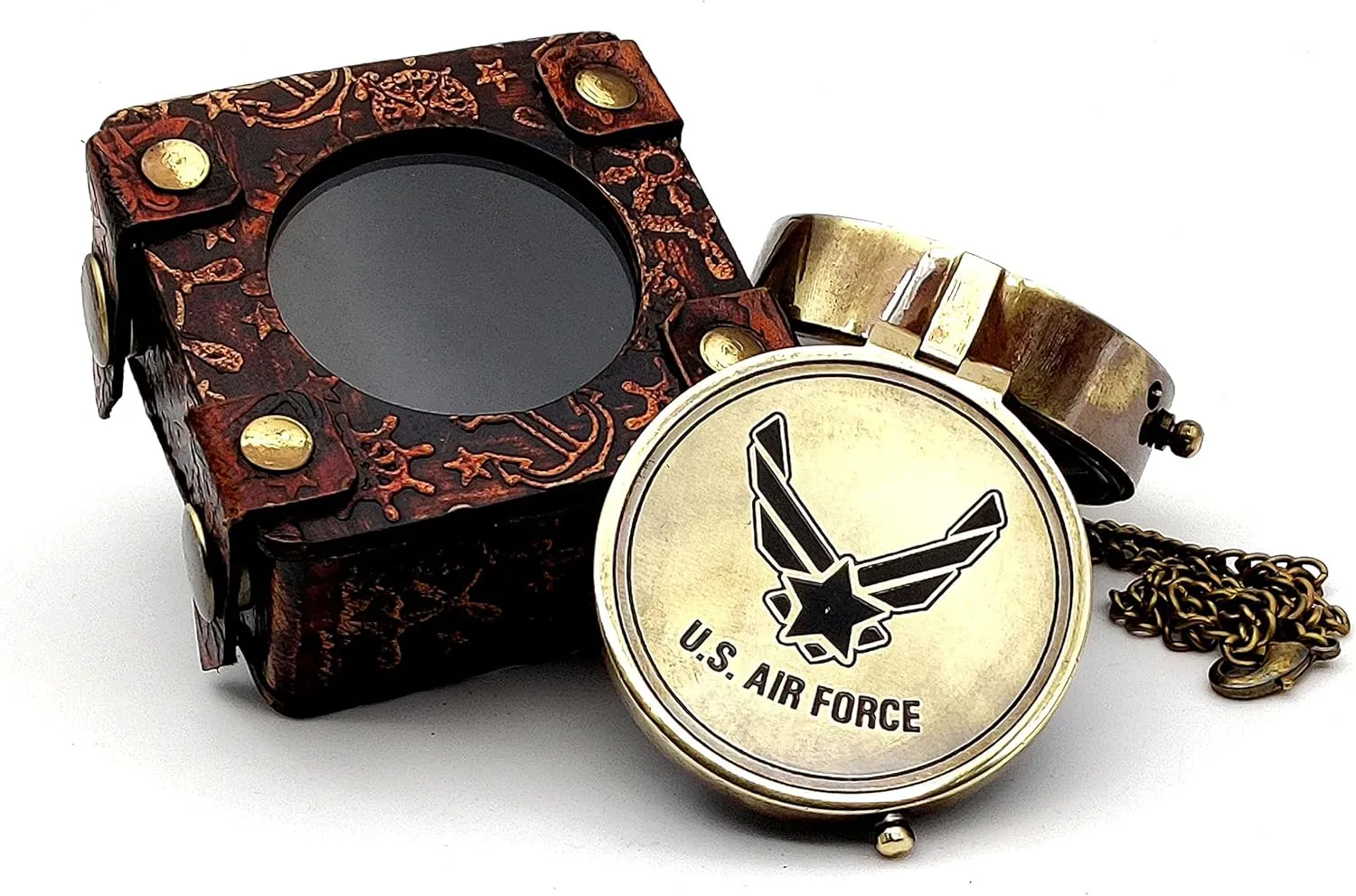 5MoonSun5's US AIR FORCE Engraved Brass Military Compass Nautical Marine Gift A Perfect and Unique gift for Army person Survival Navigation Compass for Hiking Camping Hunting with Leather display Case