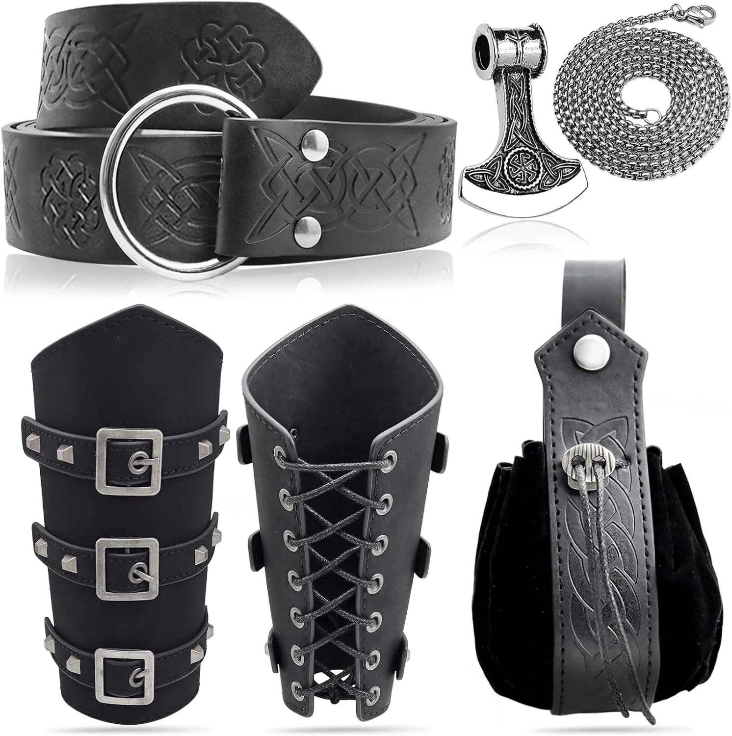 5pcs Medieval Viking Knight Bracers Arm Guards,Knight Belt,Drawstring Purse Pouch Bag and Stainless Steel Chain Axe Necklace Set for Renaissance Faires,LARP events,or Halloween costumes,5 Black set