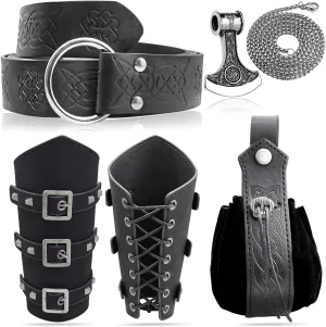5pcs Medieval Viking Knight Bracers Arm Guards,Knight Belt,Drawstring Purse Pouch Bag and Stainless Steel Chain Axe Necklace Set for Renaissance Faires,LARP events,or Halloween costumes,5 Black set