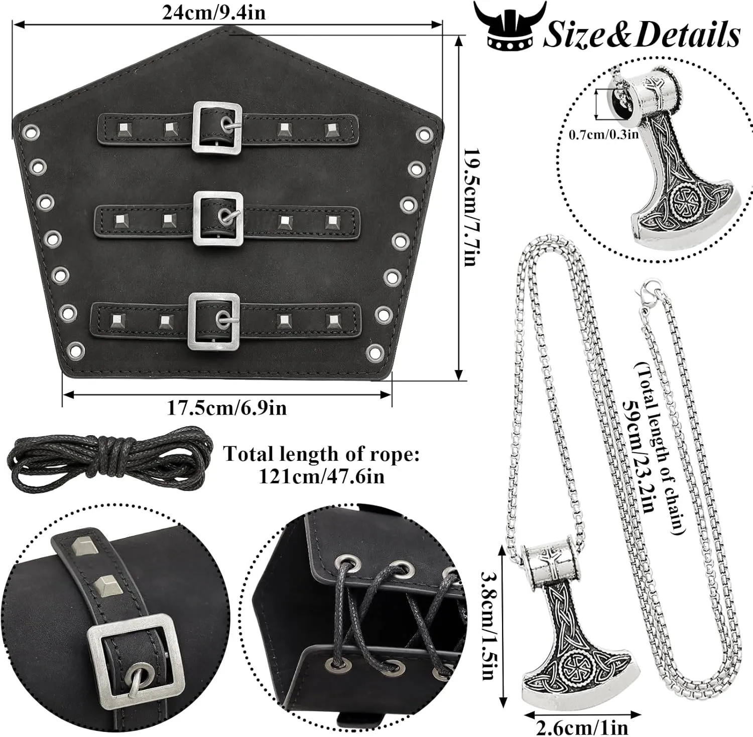 5pcs Medieval Viking Knight Bracers Arm Guards,Knight Belt,Drawstring Purse Pouch Bag and Stainless Steel Chain Axe Necklace Set for Renaissance Faires,LARP events,or Halloween costumes,5 Black set