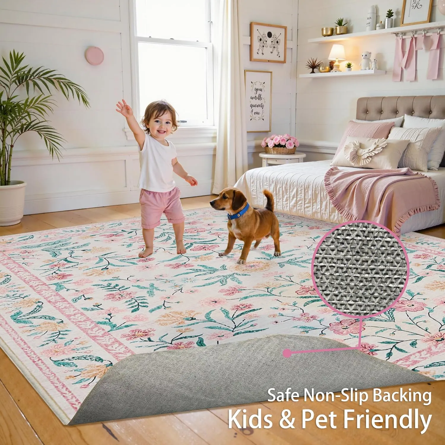 5x7 Nursery Rug,Pink Rugs for Bedroom Girls,Machine Washable Non Slip Soft Faux Wool Carpet,Boho Floral Area Rugs for Living Room Bedroom Dorm Kids