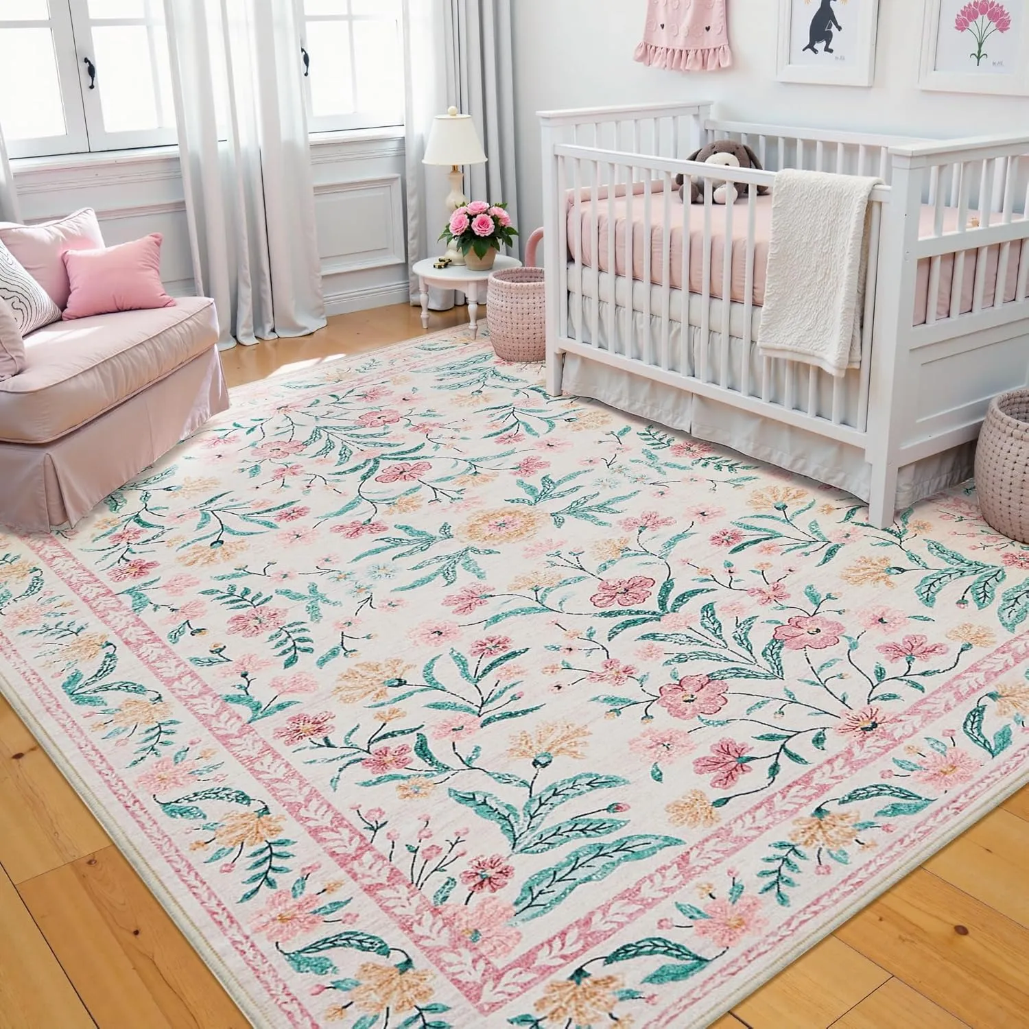 5x7 Nursery Rug,Pink Rugs for Bedroom Girls,Machine Washable Non Slip Soft Faux Wool Carpet,Boho Floral Area Rugs for Living Room Bedroom Dorm Kids