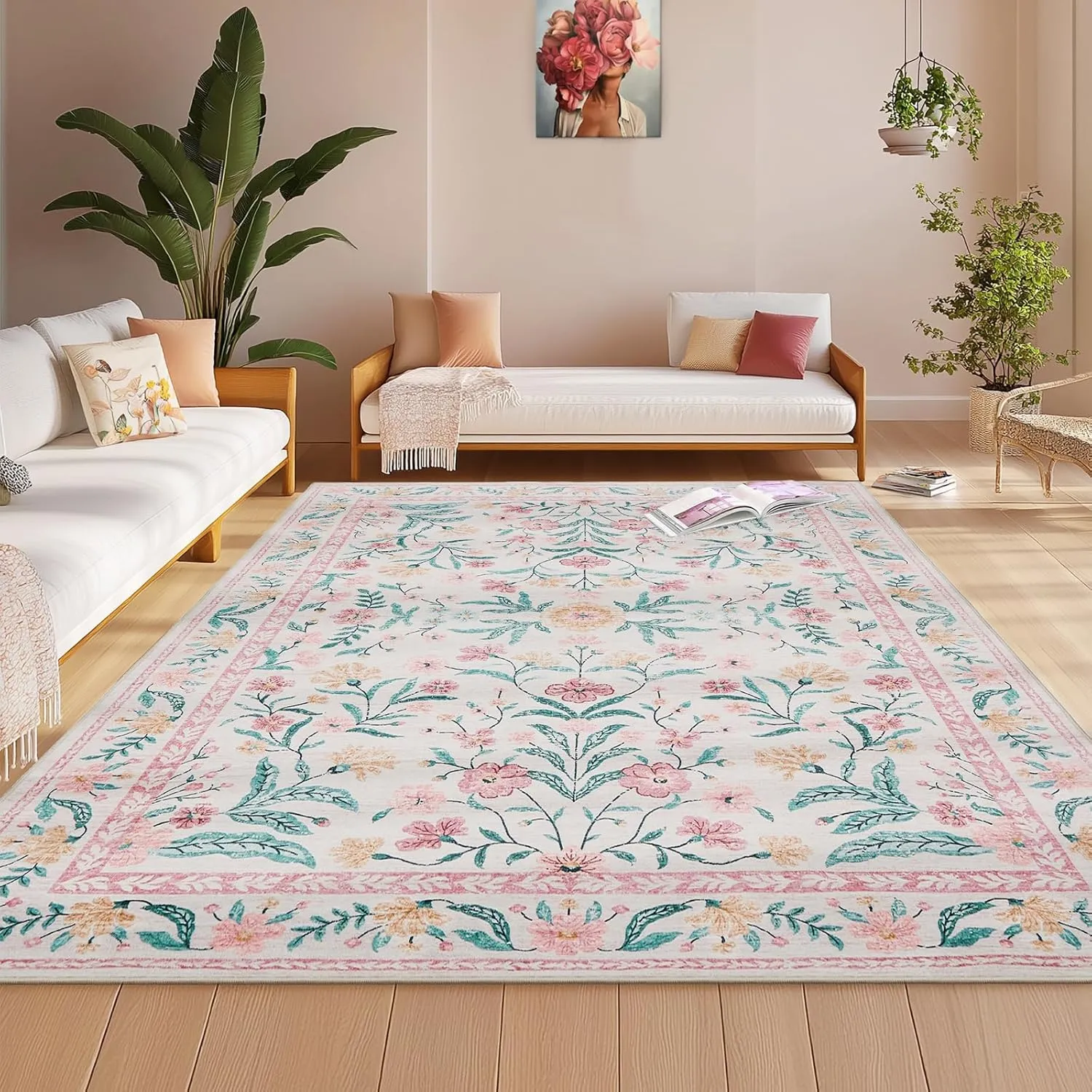 5x7 Nursery Rug,Pink Rugs for Bedroom Girls,Machine Washable Non Slip Soft Faux Wool Carpet,Boho Floral Area Rugs for Living Room Bedroom Dorm Kids