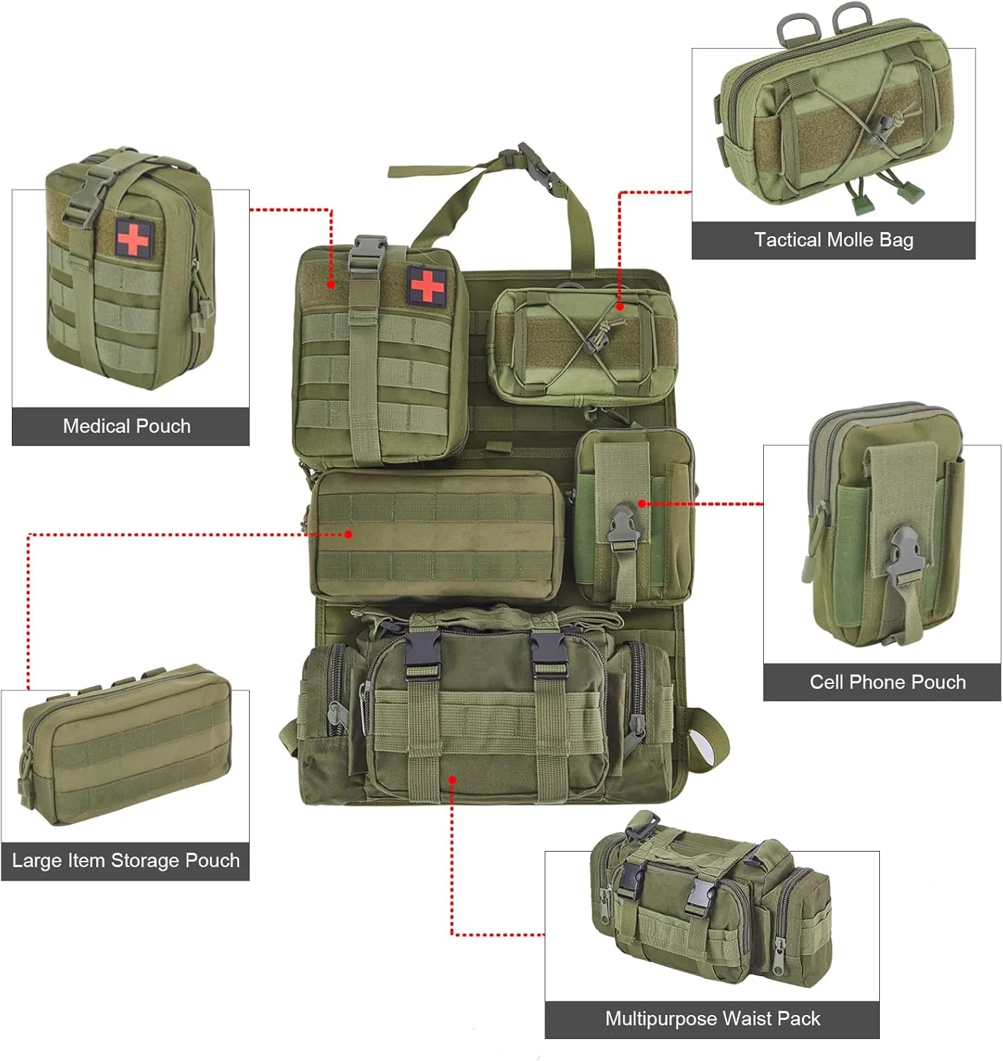 6 Pack Tactical Truck Organizer Back Seat Storage Car Seat Storage Bag Molle Panels for vehicles, Car and SUV with Lots of Handy Compartments (Army green)