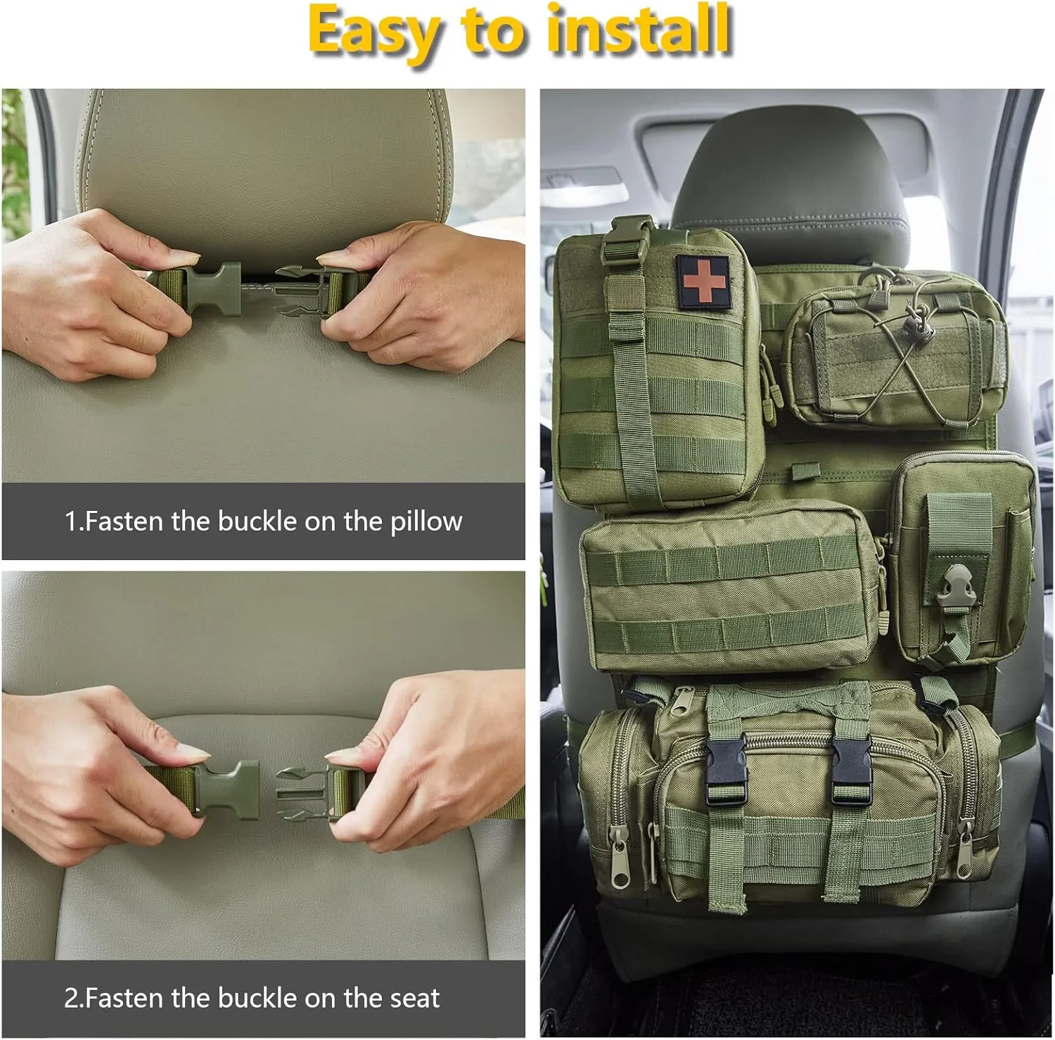 6 Pack Tactical Truck Organizer Back Seat Storage Car Seat Storage Bag Molle Panels for vehicles, Car and SUV with Lots of Handy Compartments (Army green)