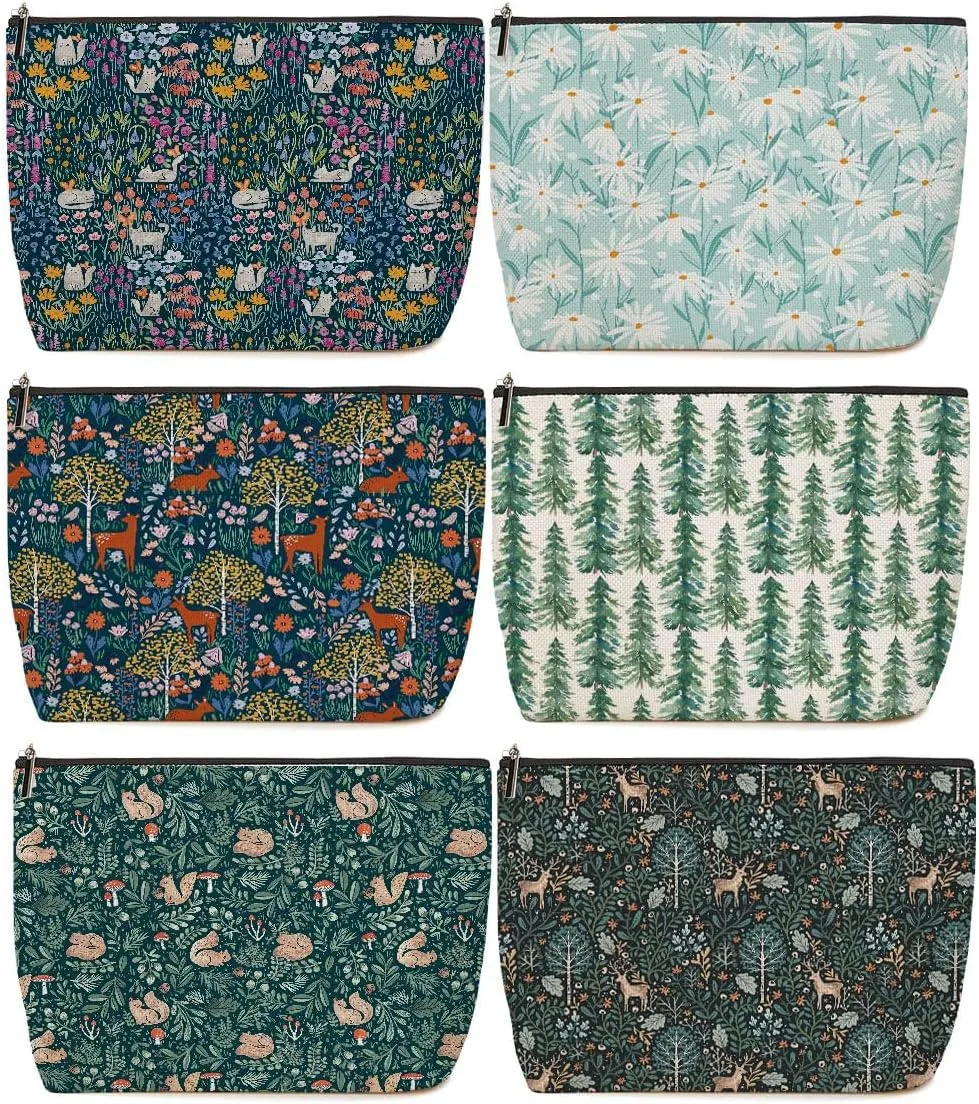 6 Pieces Makeup Bag Forest Deer Rabbit Floral Aesthetics Skincare Bag Travel Toiletry Bag Makeup Pouch Cosmetic Bag Christmas Friendship Gifts for Women Supervisor Girls Mom Friends Bestie Coworker