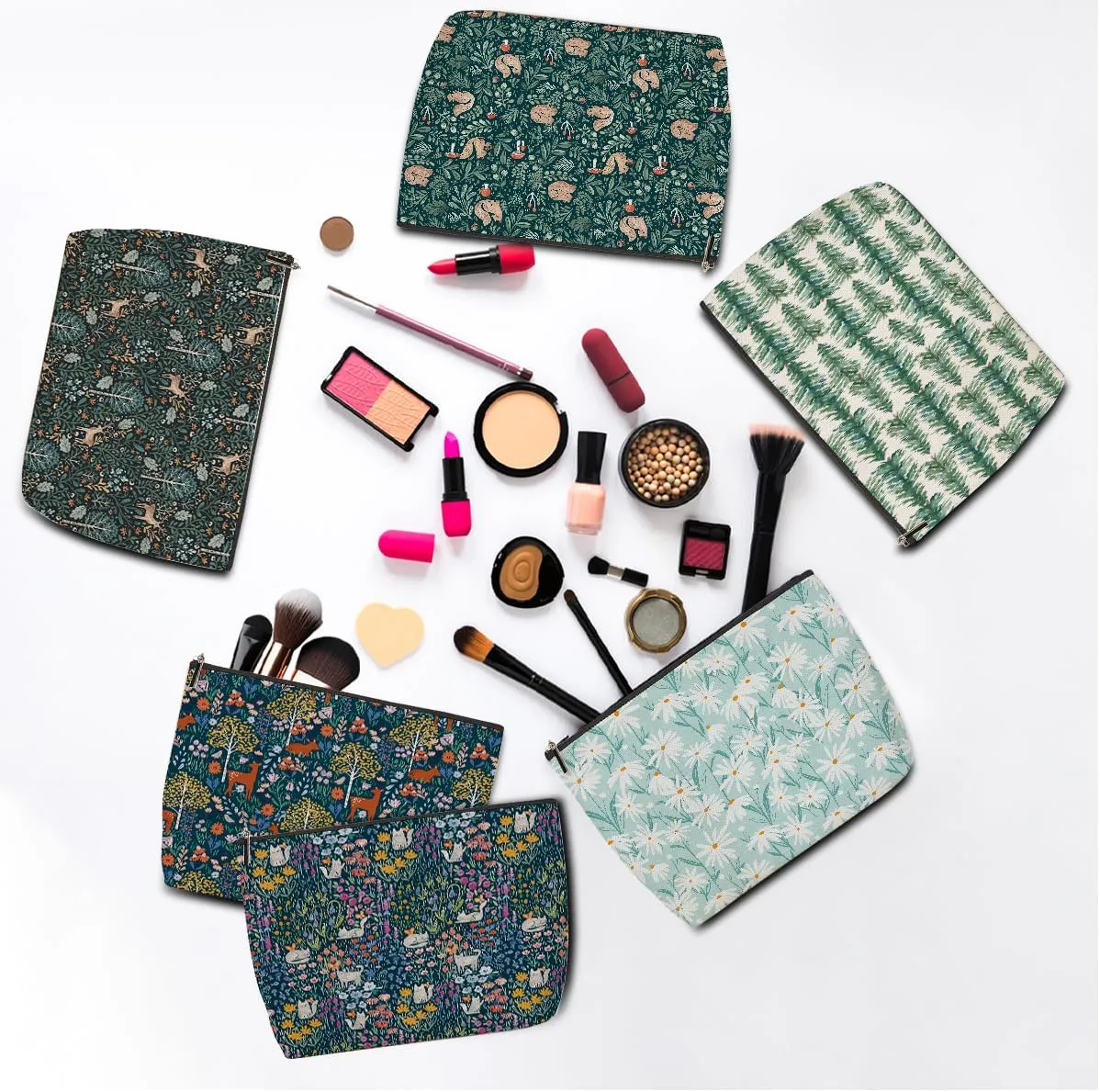 6 Pieces Makeup Bag Forest Deer Rabbit Floral Aesthetics Skincare Bag Travel Toiletry Bag Makeup Pouch Cosmetic Bag Christmas Friendship Gifts for Women Supervisor Girls Mom Friends Bestie Coworker