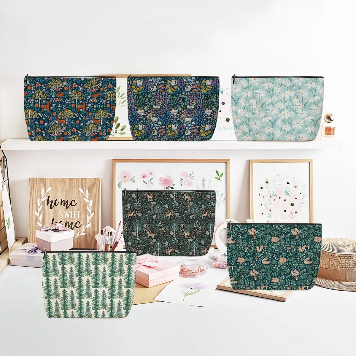 6 Pieces Makeup Bag Forest Deer Rabbit Floral Aesthetics Skincare Bag Travel Toiletry Bag Makeup Pouch Cosmetic Bag Christmas Friendship Gifts for Women Supervisor Girls Mom Friends Bestie Coworker