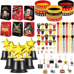 68 Pcs Movie Night Party Favors Include Gift Bags Stampers Silicone Bracelets Keychains Star Trophy Awards Bubble Wands for Movie Theater Night Party Decoration Supplies Cinema Birthday