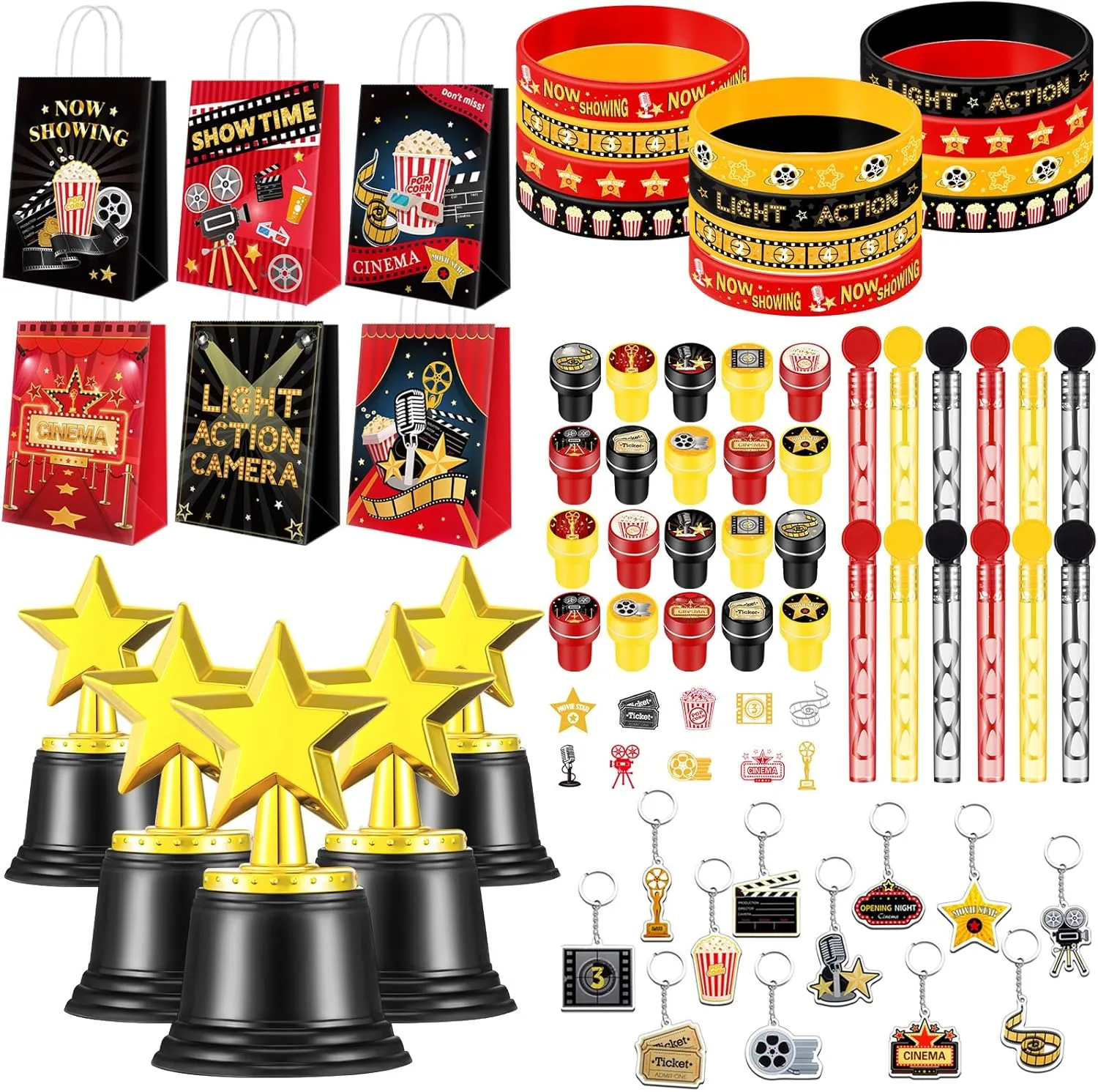 68 Pcs Movie Night Party Favors Include Gift Bags Stampers Silicone Bracelets Keychains Star Trophy Awards Bubble Wands for Movie Theater Night Party Decoration Supplies Cinema Birthday