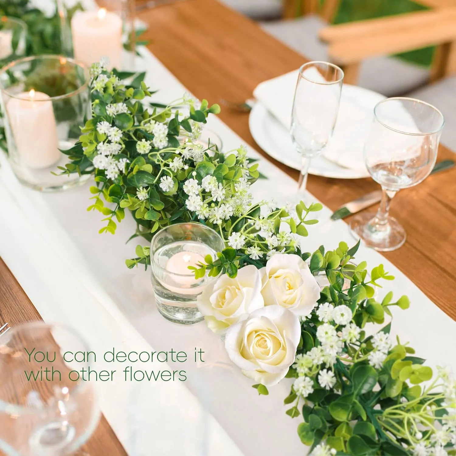 6FT Eucalyptus Garland with Flowers, 6 Pack Artificial Greenery Garland Hanging Faux Eucalyptus Garland Suitable for Table Wedding Backdrop Arch Wall Party UV Protected Indoor Outdoor Decor