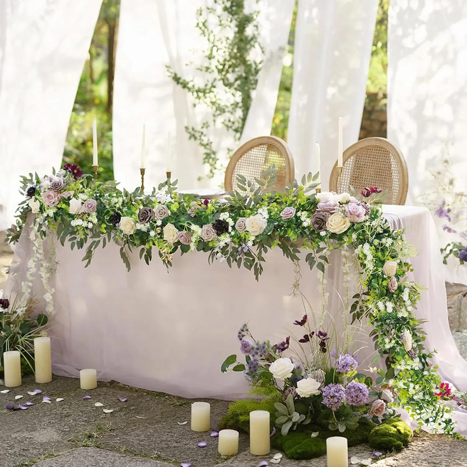 6FT Eucalyptus Garland with Flowers, 6 Pack Artificial Greenery Garland Hanging Faux Eucalyptus Garland Suitable for Table Wedding Backdrop Arch Wall Party UV Protected Indoor Outdoor Decor