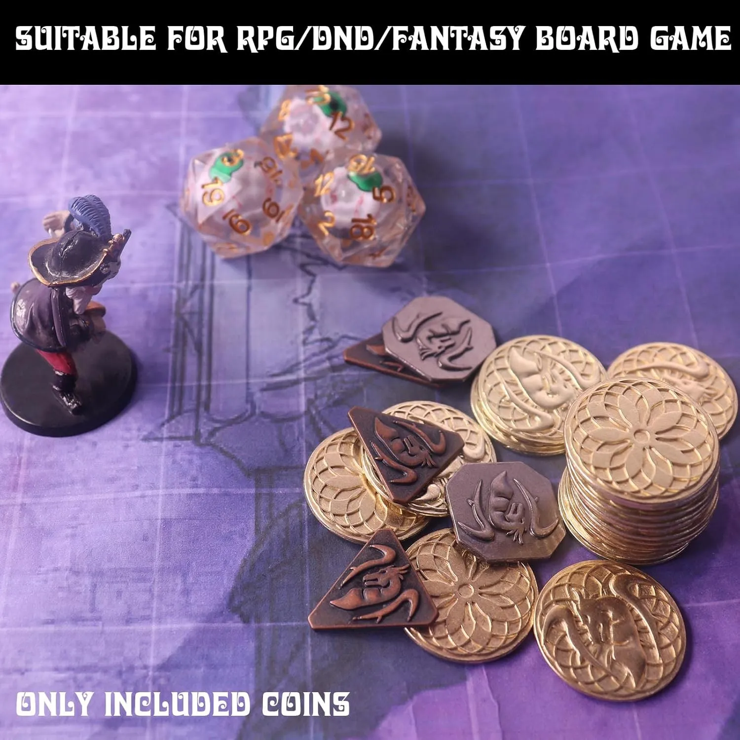 70PCS Metal DND Coins & PU Leather Bag, Contains 30 Gold, 20 Silver & 20 Copper Coins, Fantasy Board Game Tokens with Retro Leather Pouch