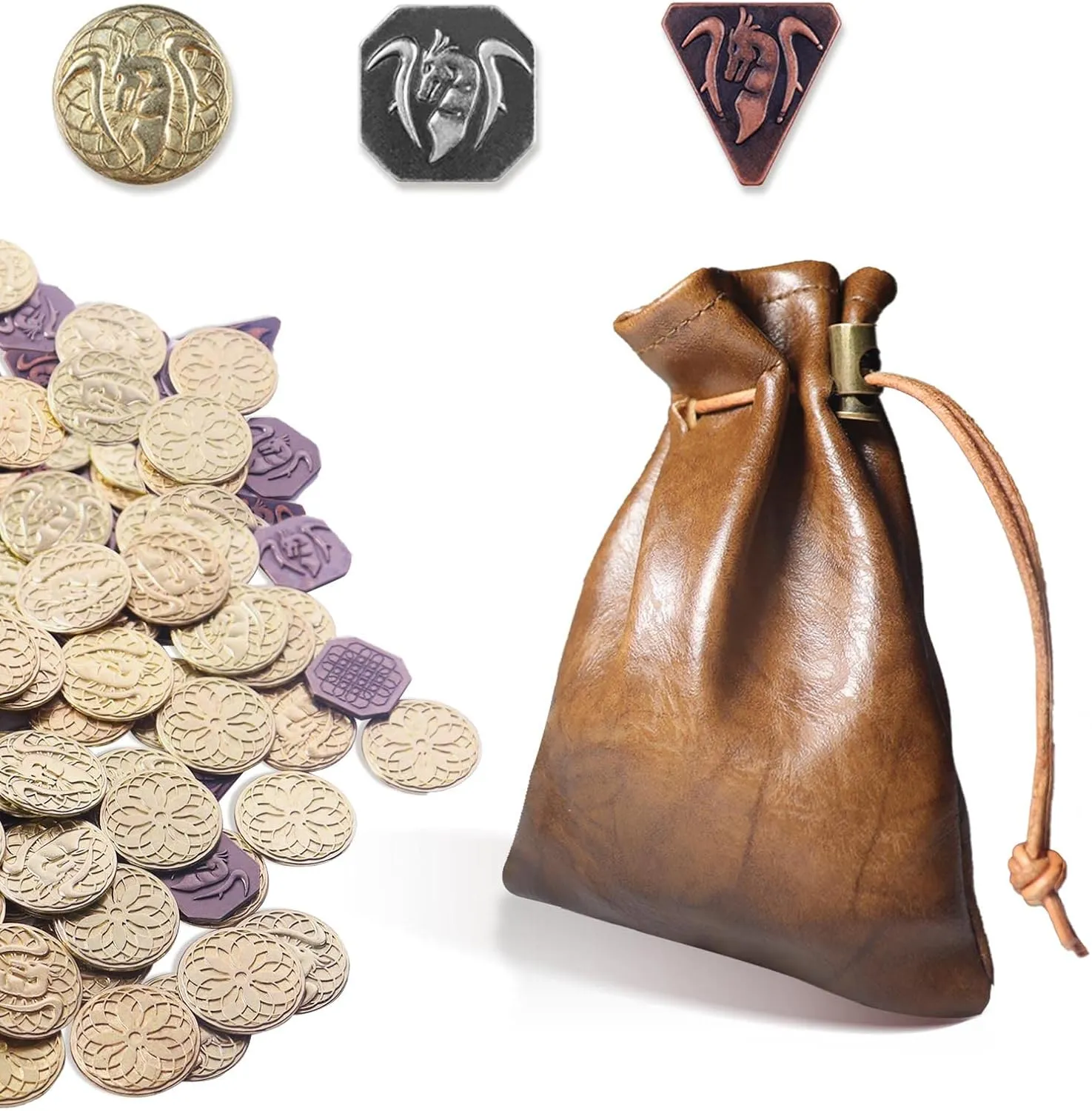 70PCS Metal DND Coins & PU Leather Bag, Contains 30 Gold, 20 Silver & 20 Copper Coins, Fantasy Board Game Tokens with Retro Leather Pouch