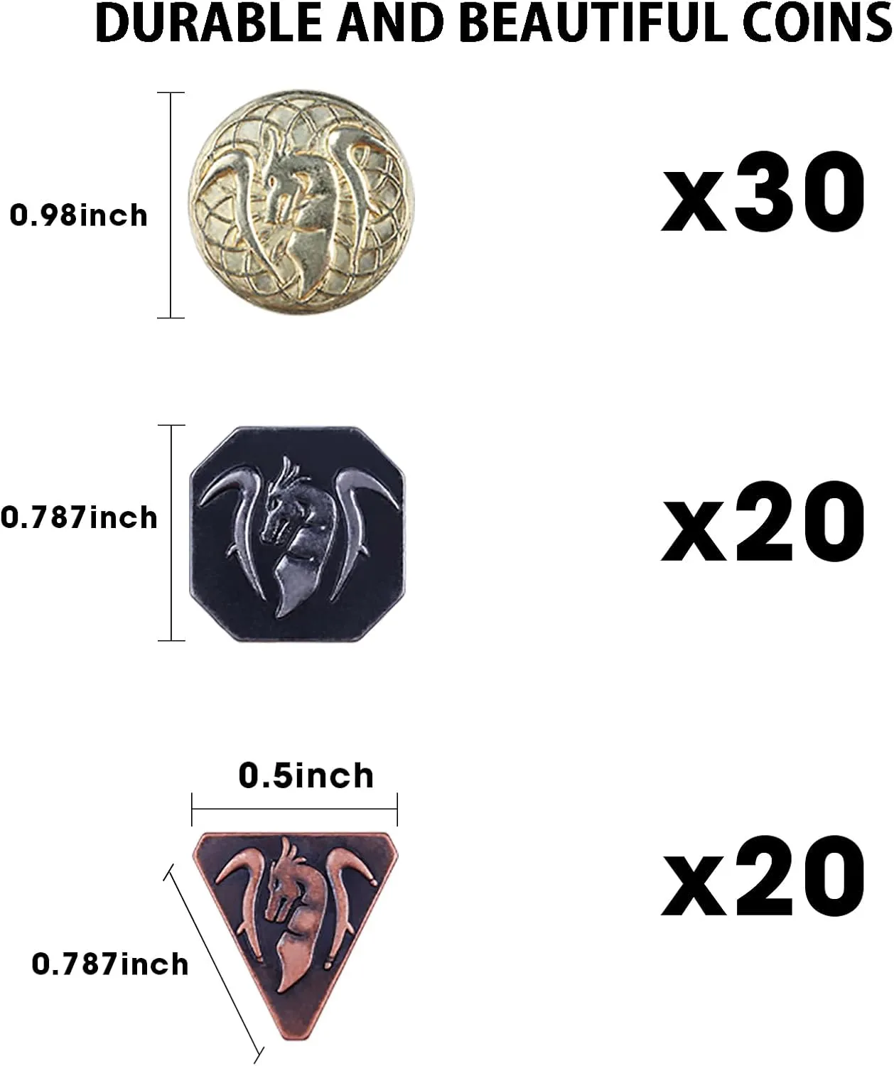70PCS Metal DND Coins & PU Leather Bag, Contains 30 Gold, 20 Silver & 20 Copper Coins, Fantasy Board Game Tokens with Retro Leather Pouch