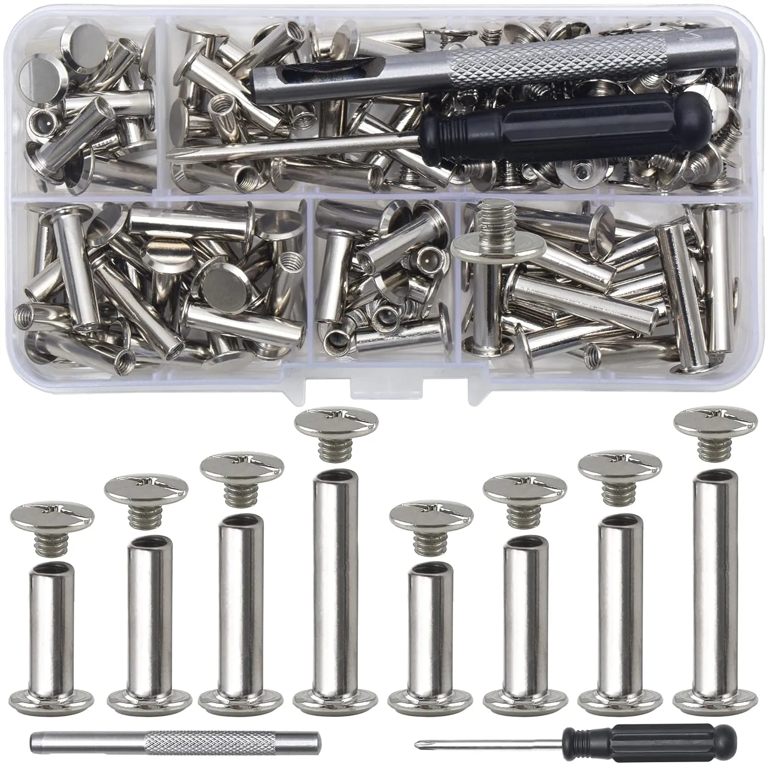 70Sets Chicago Screws Leather Rivets Assorted Screw Rivets Chicago Binding Screws for Decorate and Repair Leather Craft Belt Bag Shoes Purse Bookbinding (Silver, M5*15,18,20,25)