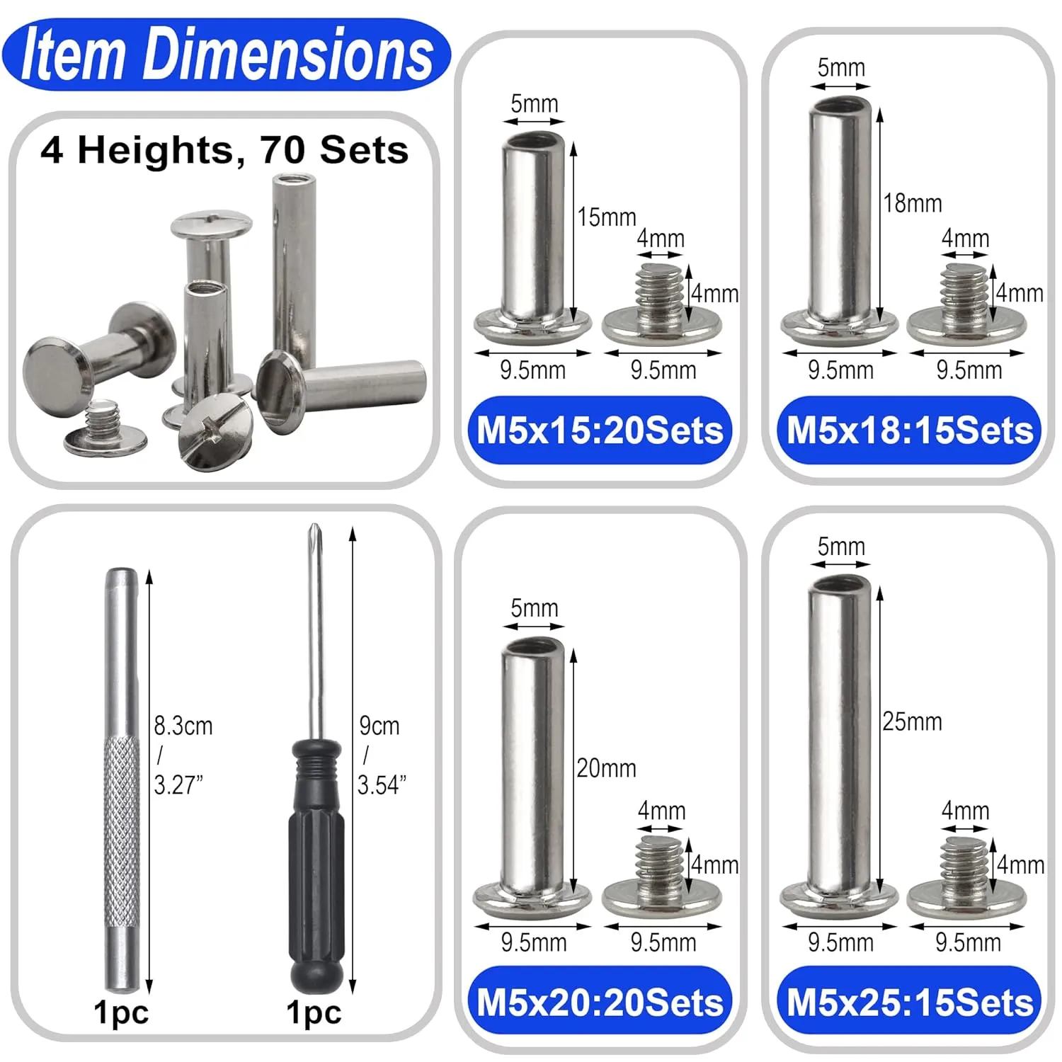 70Sets Chicago Screws Leather Rivets Assorted Screw Rivets Chicago Binding Screws for Decorate and Repair Leather Craft Belt Bag Shoes Purse Bookbinding (Silver, M5*15,18,20,25)